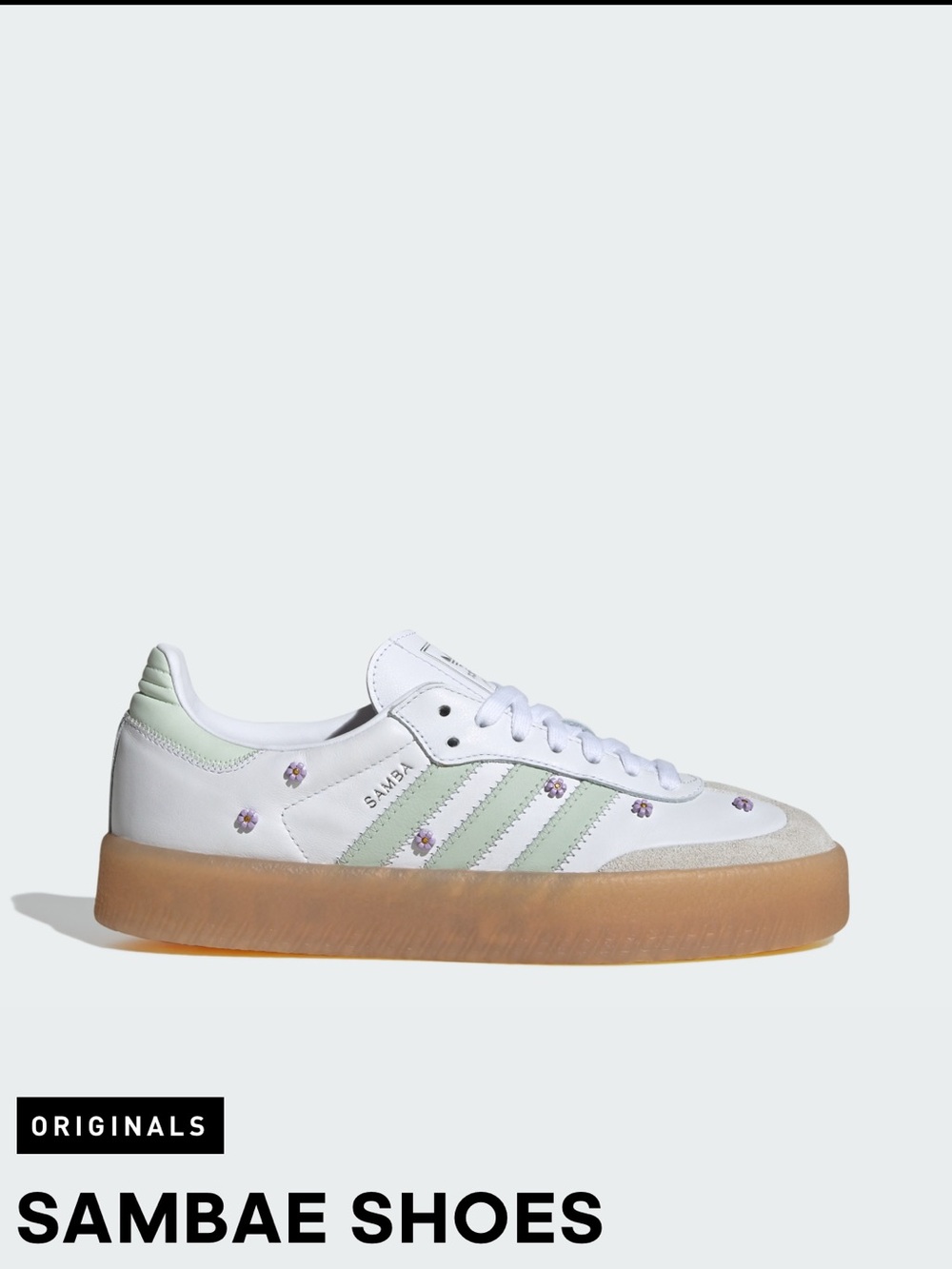 adidas Sambae White with Pale Green Stripes and Gum Sole Sneakers